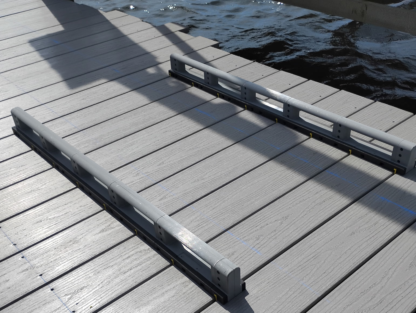Wide shot of a deck installation using multiple Deck Board Spacers to evenly space and align several deck boards at once